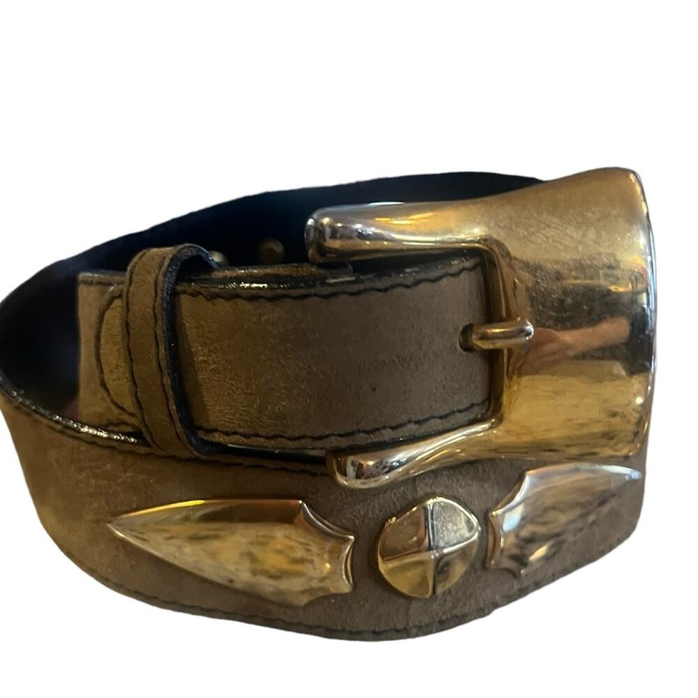 Vt9 90s Escada Suede Leather Gold Studded Western Glam Mob Wife Taupe Belt 38